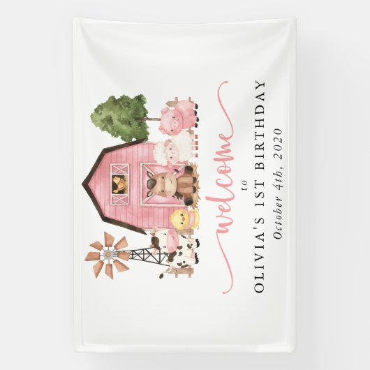 Farm Animals, Cute Animals, First Birthday Welcome 横断幕 (縦)
