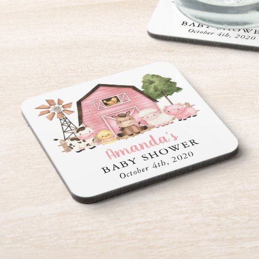 Farm Animals, Cute Animals, Pink Barn, Baby Shower コースター (左側)