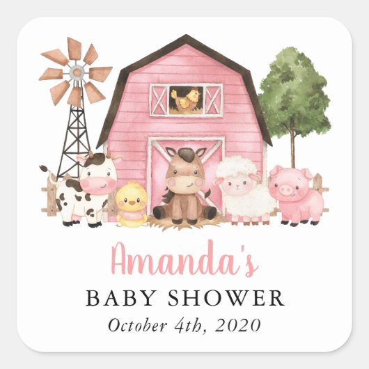 Farm Animals, Cute Animals, Pink Barn, Baby Shower スクエアシール (正面)