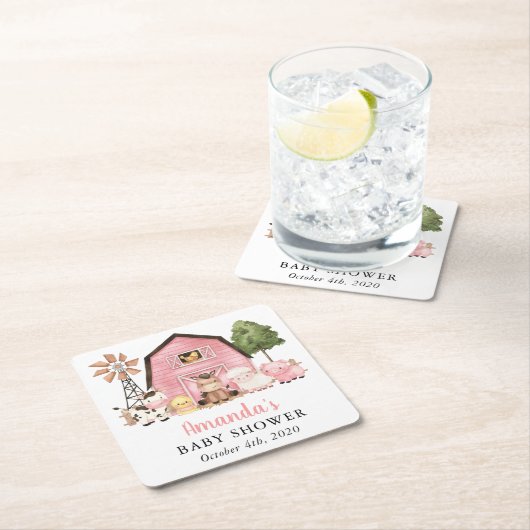 Farm Animals, Cute Animals, Pink Barn, Baby Shower スクエアペーパーコースター (インサイチュ)
