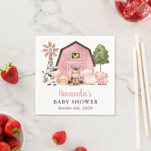 Farm Animals, Cute Animals, Pink Barn, Baby Shower スタンダードカクテルナプキン (インサイチュ)