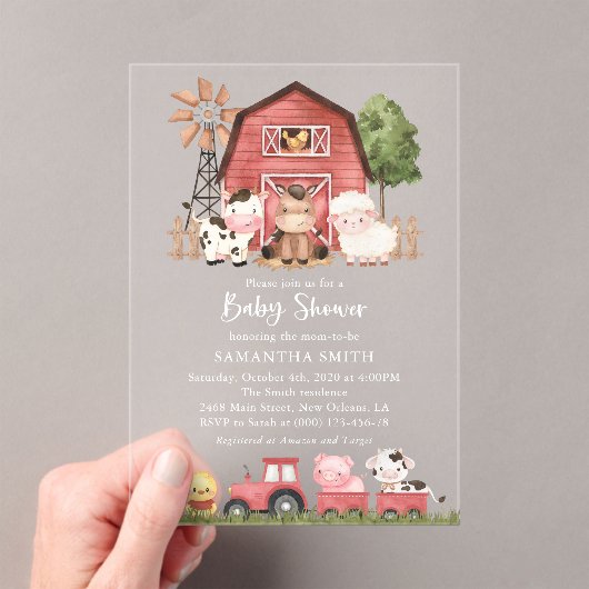 Farm Animals, Cute Animals, Red Barn, Baby Shower アクリル招待状 (インサイチュ (ポータブル))