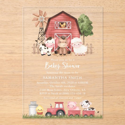 Farm Animals, Cute Animals, Red Barn, Baby Shower アクリル招待状 (正面)