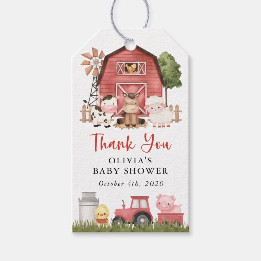 Farm Animals, Cute Animals, Red Barn, Baby Shower ギフトタグ (正面)