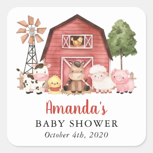 Farm Animals, Cute Animals, Red Barn, Baby Shower スクエアシール (正面)