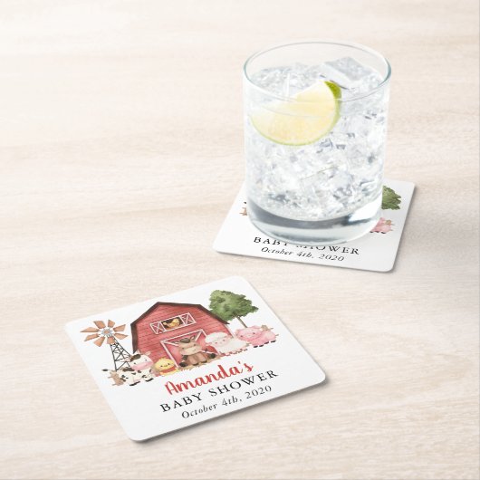 Farm Animals, Cute Animals, Red Barn, Baby Shower スクエアペーパーコースター (インサイチュ)