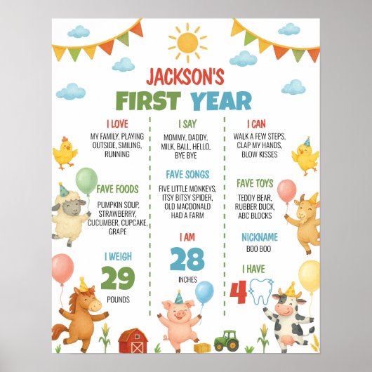 Farm Animals First Year Milestone Sign ポスター (正面)
