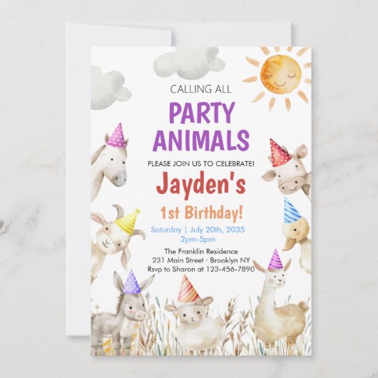Farm Animals gender neutral Barnyard 1st Birthday 招待状 (正面)