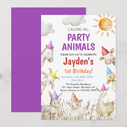 Farm Animals gender neutral Barnyard 1st Birthday 招待状 (正面/裏面)