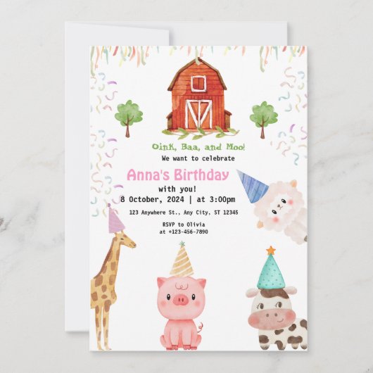 Farm Animals Girl Gingham Barnyard Birthday 招待状 (正面)