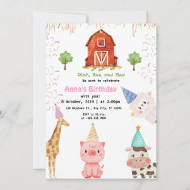 Farm Animals Girl Gingham Barnyard Birthday 招待状