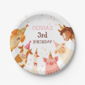 Farm Animals Girl Pink Gingham Barnyard Birthday ペーパープレート (正面)