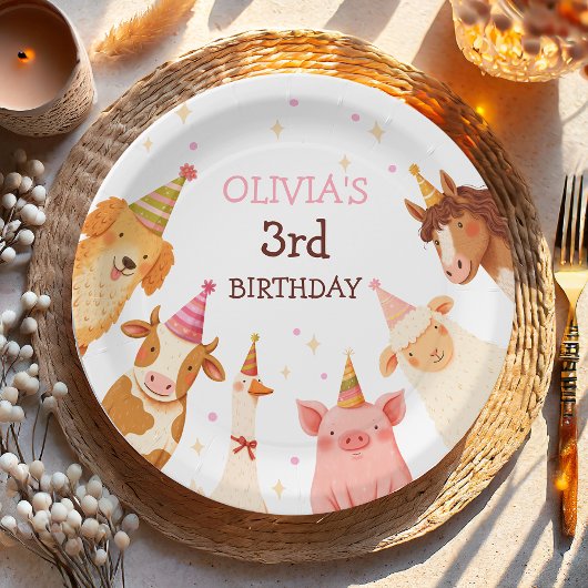 Farm Animals Girl Pink Gingham Barnyard Birthday ペーパープレート