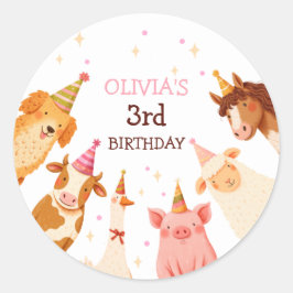Farm Animals Girl Pink Gingham Barnyard Birthday ラウンドシール