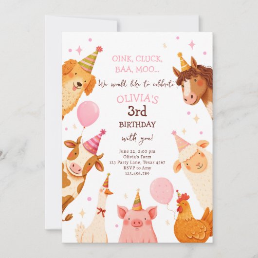 Farm Animals Girl Pink Gingham Barnyard Birthday 招待状 (正面)