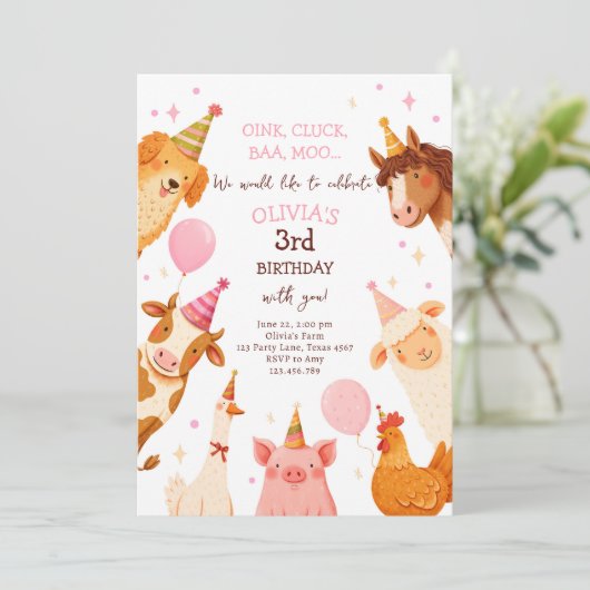 Farm Animals Girl Pink Gingham Barnyard Birthday 招待状 (スタンド正面)