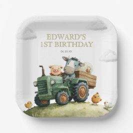 Farm Animals Green Tractor Birthday ペーパープレート