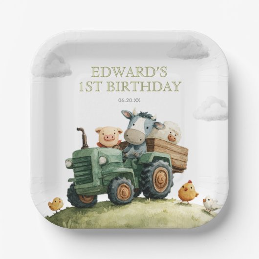 Farm Animals Green Tractor Birthday ペーパープレート (正面)