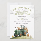 Farm Animals Green Tractor Birthday  招待状 (正面)