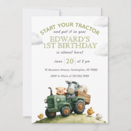 Farm Animals Green Tractor Birthday 招待状