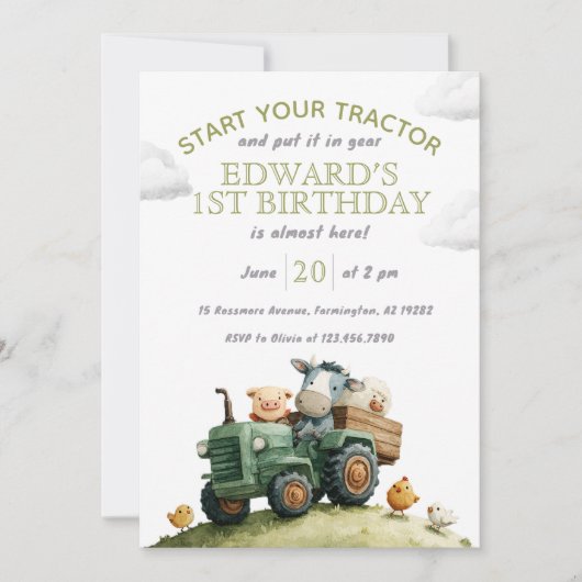 Farm Animals Green Tractor Birthday  招待状 (正面)