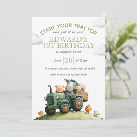 Farm Animals Green Tractor Birthday  招待状 (スタンド正面)