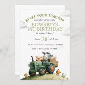 Farm Animals Green Tractor Birthday  招待状 (正面/裏面)