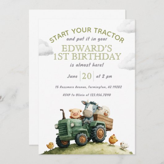 Farm Animals Green Tractor Birthday  招待状 (正面/裏面)