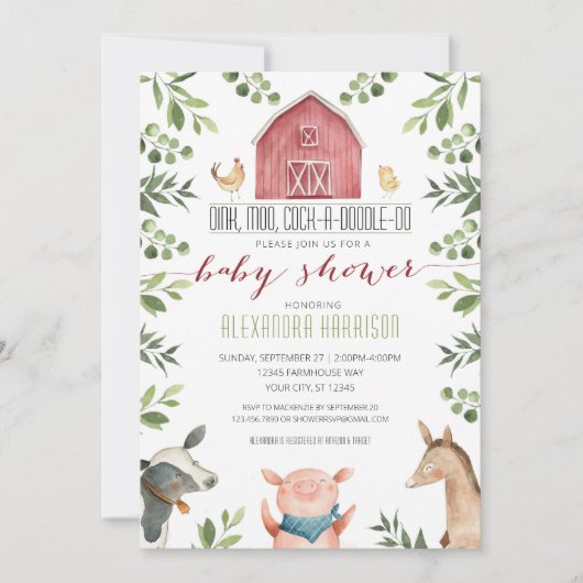 Farm Animals Greenery Baby Shower Invitation 招待状 (正面)