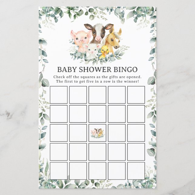Farm Animals Greenery Fun Baby Shower Bingo Game (正面)