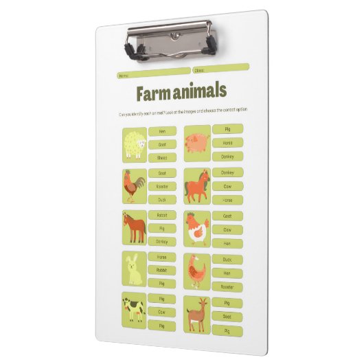 Farm Animals Identification Educational Worksheet クリップボード (左)