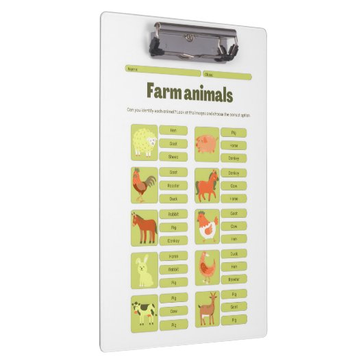 Farm Animals Identification Educational Worksheet クリップボード (右)