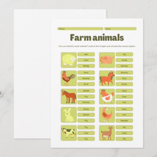 Farm Animals Identification Educational Worksheet シーズンカード (正面/裏面)
