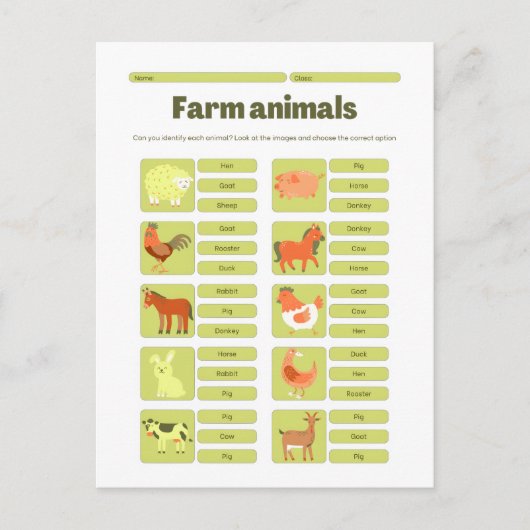 Farm Animals Identification Educational Worksheet シーズンポストカード (正面)