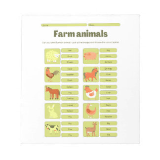 Farm Animals Identification Educational Worksheet ノートパッド