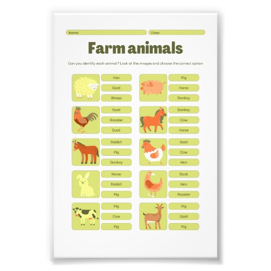 Farm Animals Identification Educational Worksheet フォトプリント (正面)
