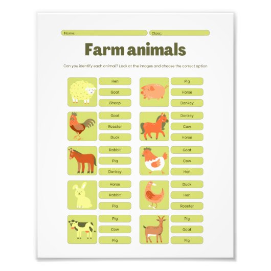 Farm Animals Identification Educational Worksheet フォトプリント (正面)