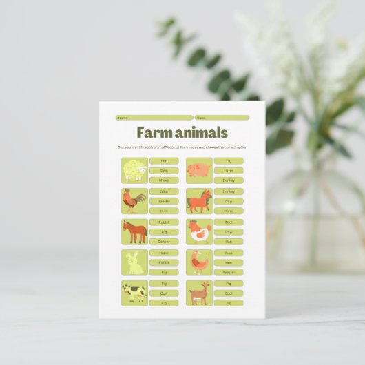 Farm Animals Identification Educational Worksheet ポストカード (スタンド正面)