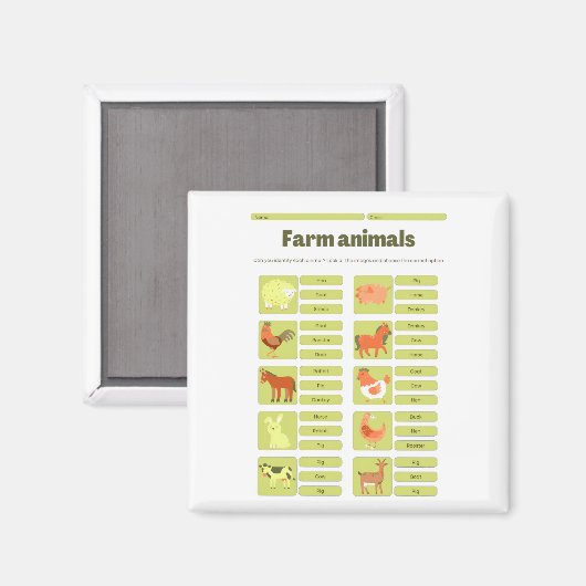 Farm Animals Identification Educational Worksheet マグネット (正面/裏面)