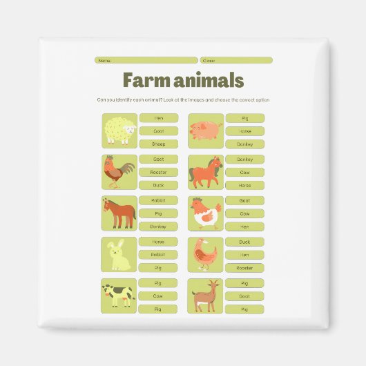 Farm Animals Identification Educational Worksheet マグネット (正面)