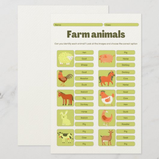 Farm Animals Identification Educational Worksheet 便箋 (正面/裏面)