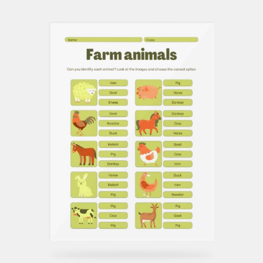 Farm Animals Identification Learning Worksheet アクリルサイン (正面)
