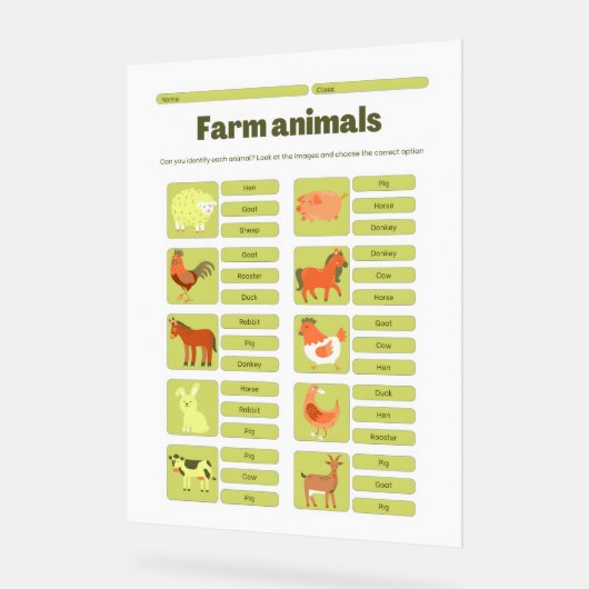Farm Animals Identification Learning Worksheet アクリルサイン (傾斜)