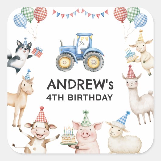 Farm Animals Kids Birthday Party Favor Stickers スクエアシール (正面)