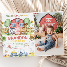 Farm Animals Oink Baaモー 1st Birthday写真 招待状