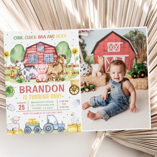 Farm Animals Oink Baaモー 1st Birthday写真 招待状