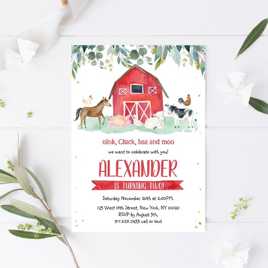 Farm Animals Oink Baa Moo Boy 1st Birthday  招待状