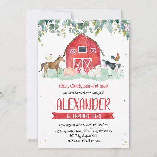 Farm Animals Oink Baa Moo Boy 1st Birthday  招待状 (正面)