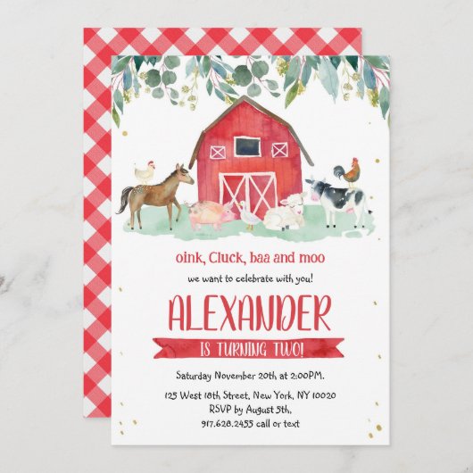 Farm Animals Oink Baa Moo Boy 1st Birthday  招待状 (正面/裏面)