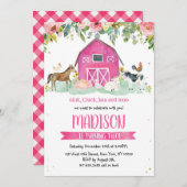 Farm Animals Oink Baa Moo Pink Girl 1st Birthday  招待状 (正面/裏面)